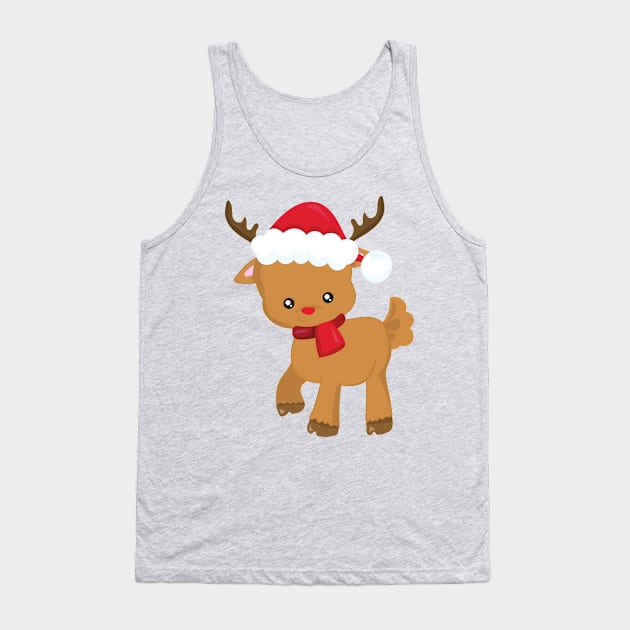 Christmas Reindeer, Red Nose, Santa Hat, New Year Tank Top by Jelena Dunčević